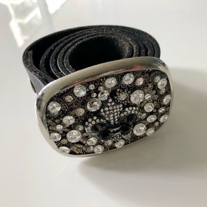32” Vintage Leather Belt with Fleur-de-lis design in crystals